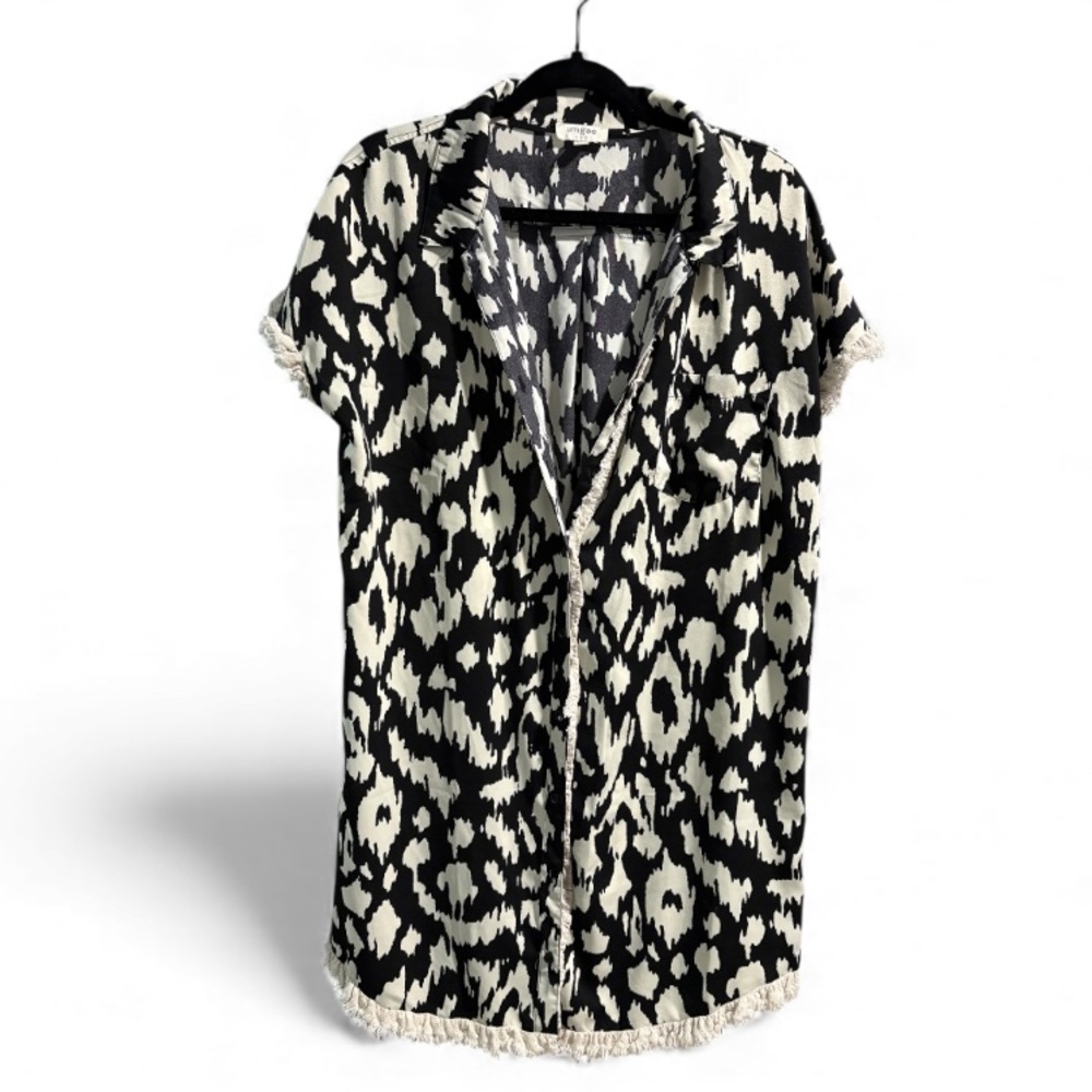 Umgee‎ Black White Ikat Fringe Button Up Shirt Dress Medium Boho